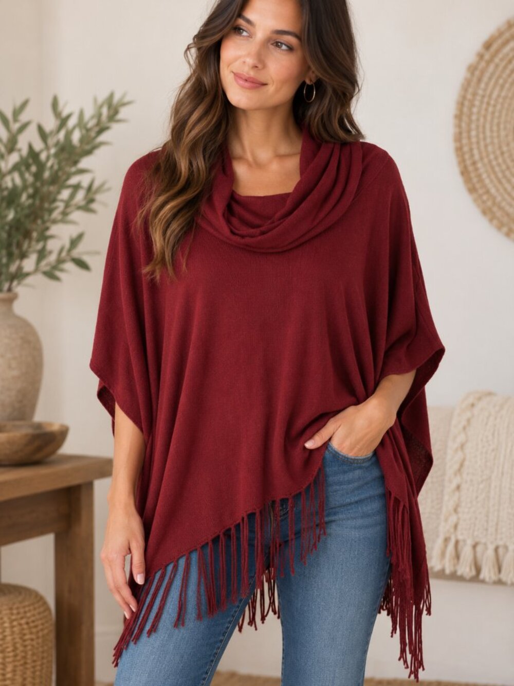 lovestitch Burgundy Fringe Cowl Neck Sweater Poncho